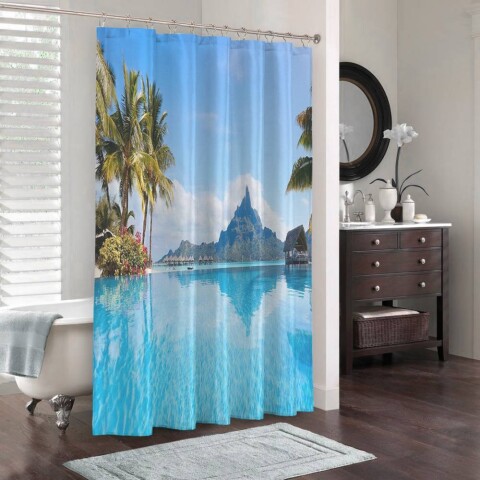 картинка 3D штора в ванную «Пейзаж на Мальдивах» | интернет-магазин фотообоев ARTDECO