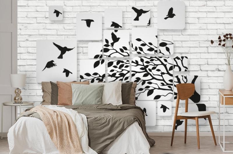 картинка 3D Фотообои «Птички на кирпичной стене» | интернет-магазин фотообоев ARTDECO