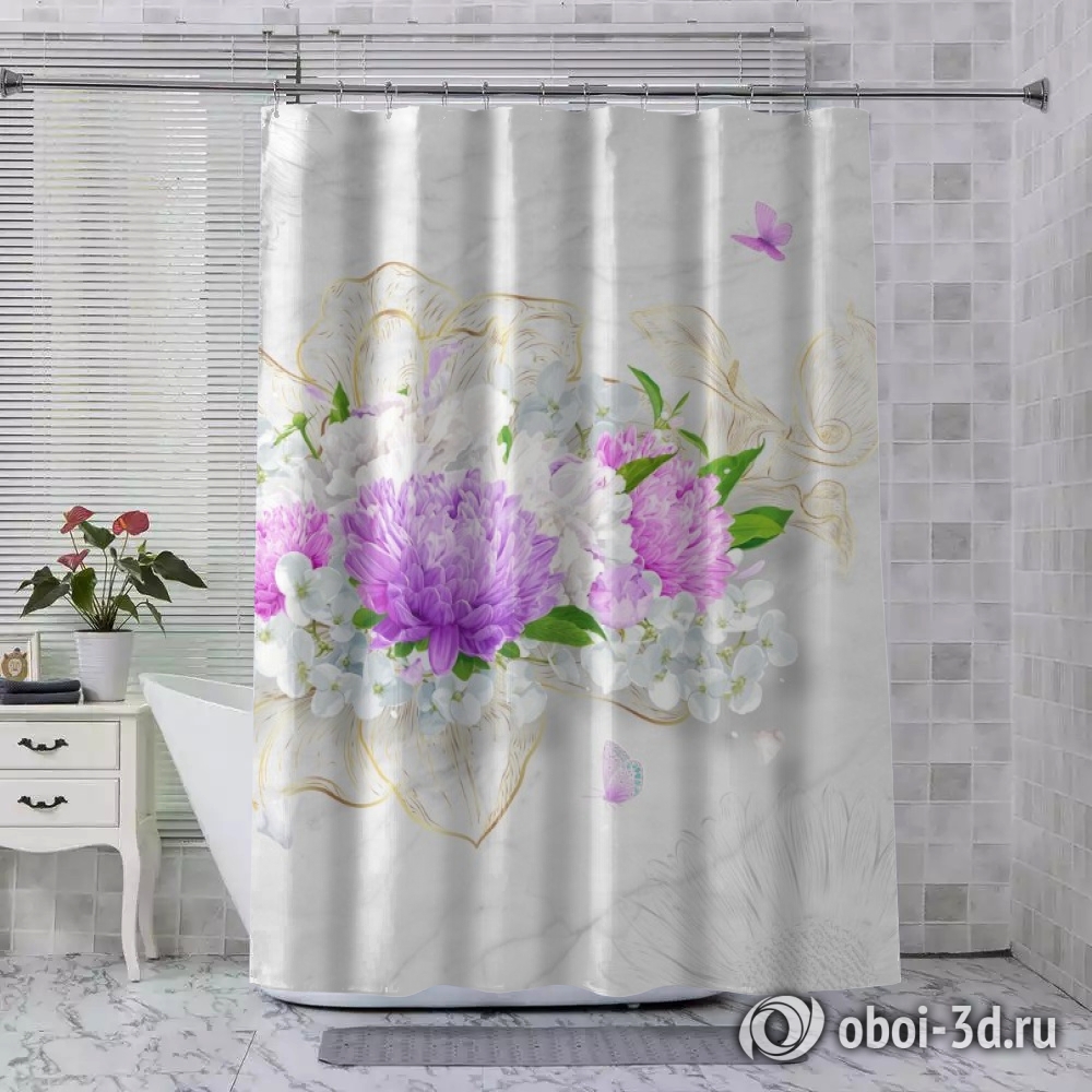 картинка Шторы для ванной «Бабочки над букетом хризантем» | интернет-магазин фотообоев ARTDECO