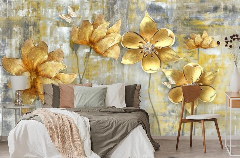 картинка 3D Фотообои «Золотые цветы на художественном холсте» | интернет-магазин фотообоев ARTDECO