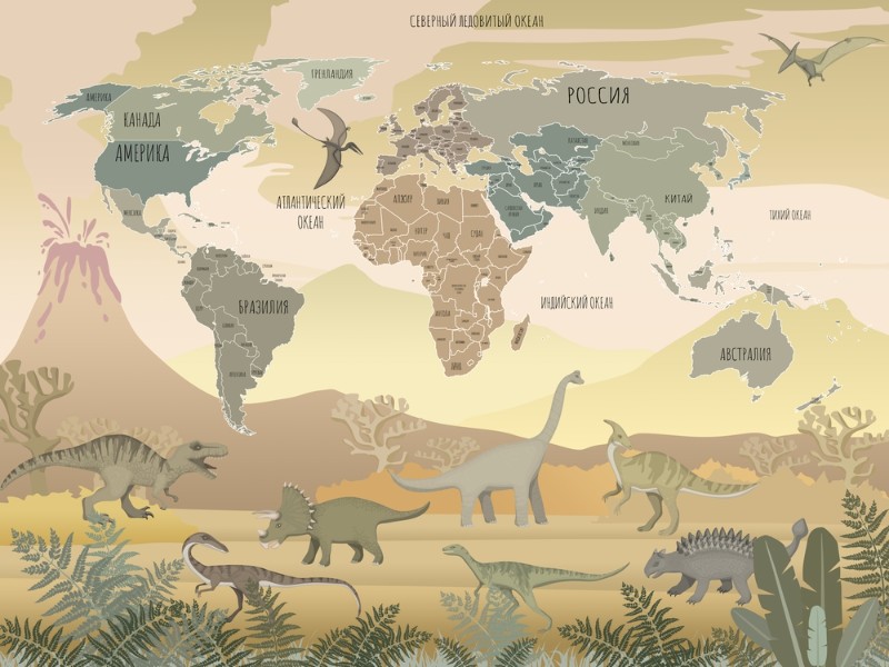 картинка Фотообои «Карта с динозаврами в тёплых тонах» | интернет-магазин фотообоев ARTDECO