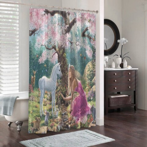 3D штора для ванной «Принцесса в цветущем саду»