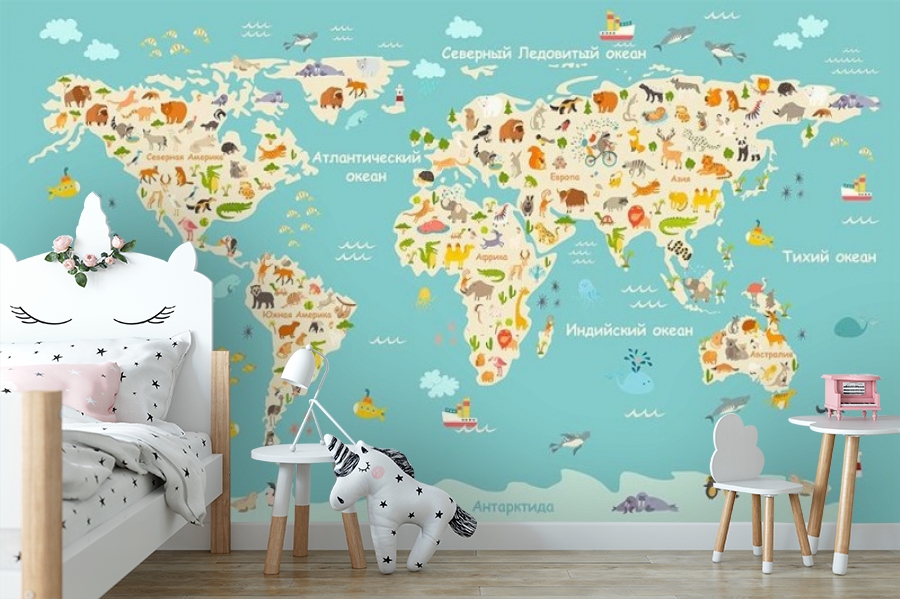 картинка 3D Фотообои «Карта мира с животными» | интернет-магазин фотообоев ARTDECO