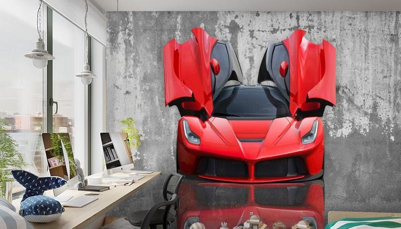 3D Фотообои «Красное авто на бетонном фоне»