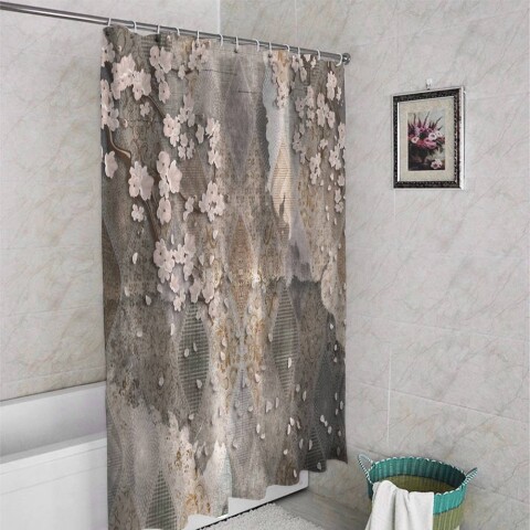 картинка 3D фотоштора для ванной «Ветви сакуры на винтажном фоне» | интернет-магазин фотообоев ARTDECO