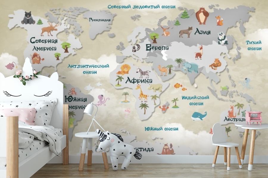 картинка Фотообои «Карта мира для малышей в тёплых тонах» | интернет-магазин фотообоев ARTDECO
