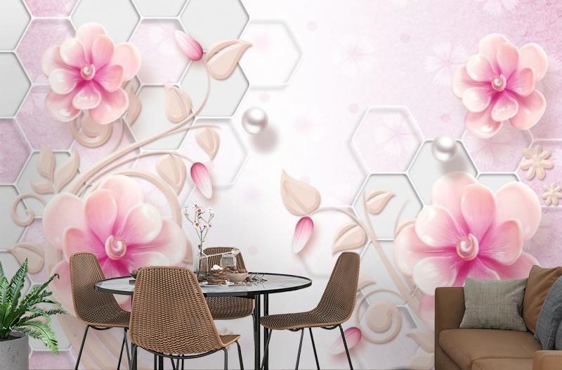картинка 3D Фотообои «Розовые фарфоровые цветы с жемчужинами» | интернет-магазин фотообоев ARTDECO