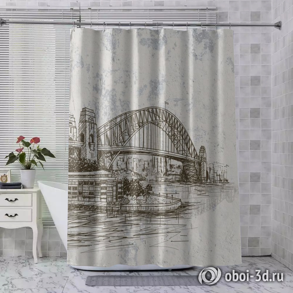 картинка Шторы для ванной «Эскизный мост на штукатурке» | интернет-магазин фотообоев ARTDECO