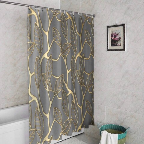 картинка 3D штора для ванны «Узор с золотыми листьями» | интернет-магазин фотообоев ARTDECO