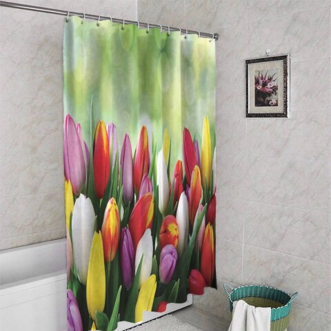 картинка 3D шторка для ванной «Разноцветные тюльпаны» | интернет-магазин фотообоев ARTDECO