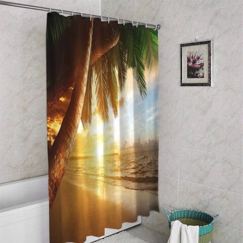 картинка 3D фотоштора для ванной «Закат под пальмами» | интернет-магазин фотообоев ARTDECO
