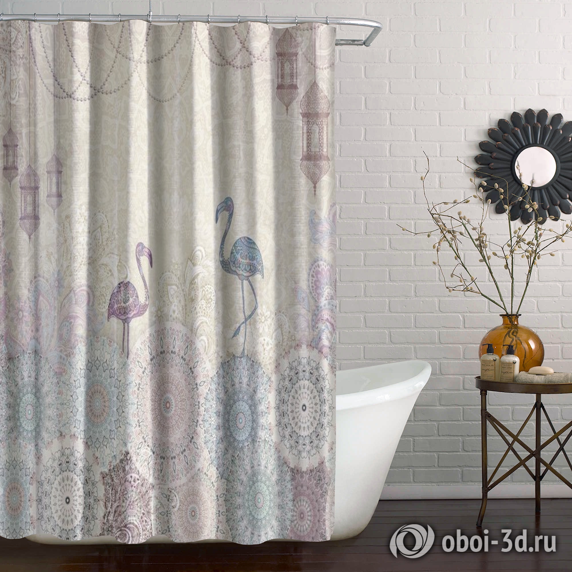 картинка Шторы для ванной «Фламинго с восточными мотивами» | интернет-магазин фотообоев ARTDECO