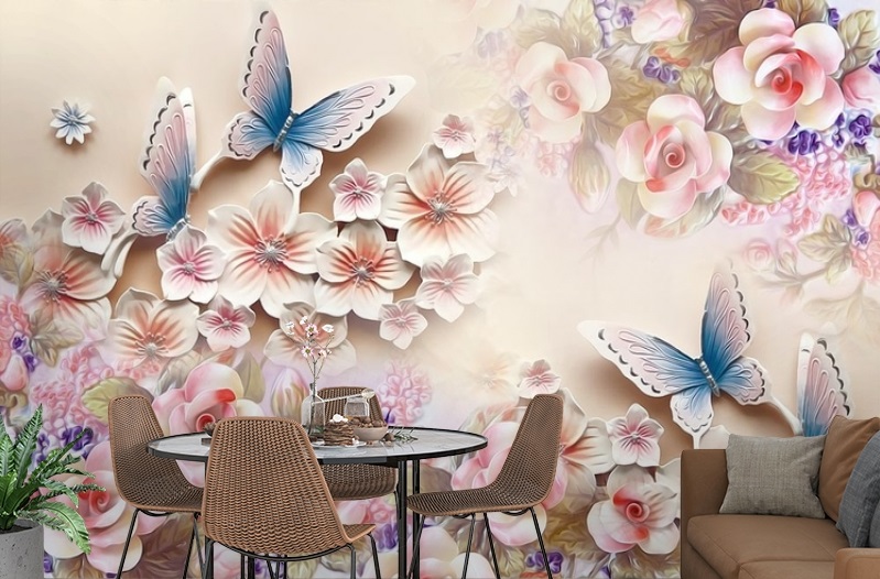 картинка 3D Фотообои «Цветочное изобилие с бабочками» | интернет-магазин фотообоев ARTDECO