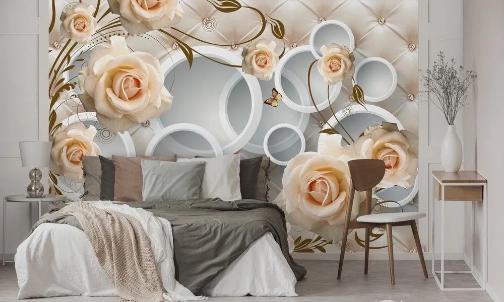 картинка 3D Фотообои «Кремовые розы на фоне стёганой кожи» | интернет-магазин фотообоев ARTDECO