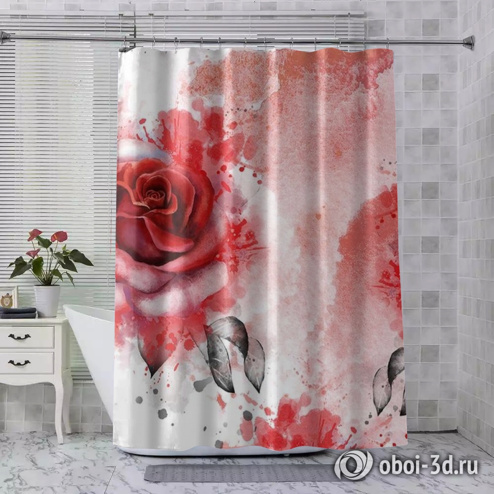 картинка Шторы для ванной «Алые розы в акварельной дымке» | интернет-магазин фотообоев ARTDECO