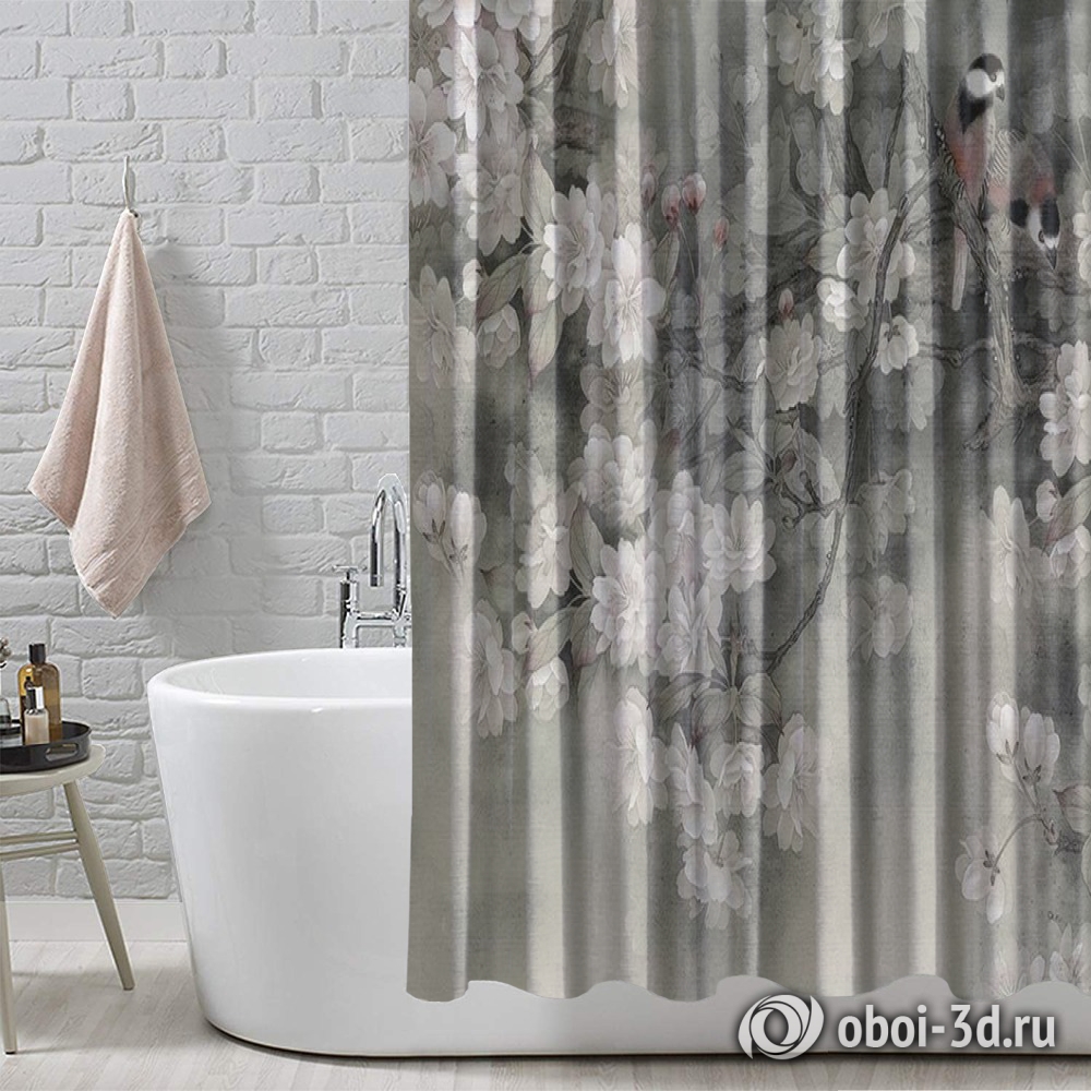 картинка Шторы для ванной «Цветочная акварель со снегирями» | интернет-магазин фотообоев ARTDECO