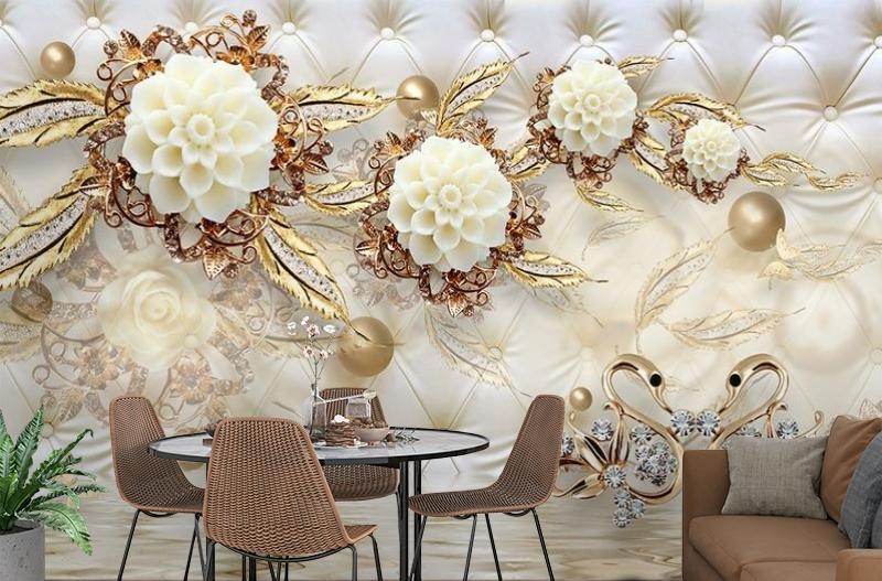 картинка 3D Фотообои  «Керамические цветы над парой лебедей» | интернет-магазин фотообоев ARTDECO