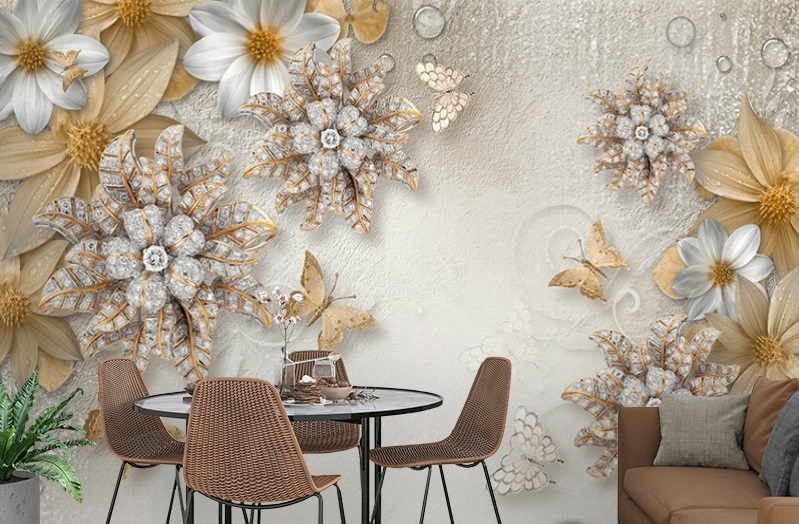 картинка 3D Фотообои «Объемные цветы со стразами и бабочками» | интернет-магазин фотообоев ARTDECO