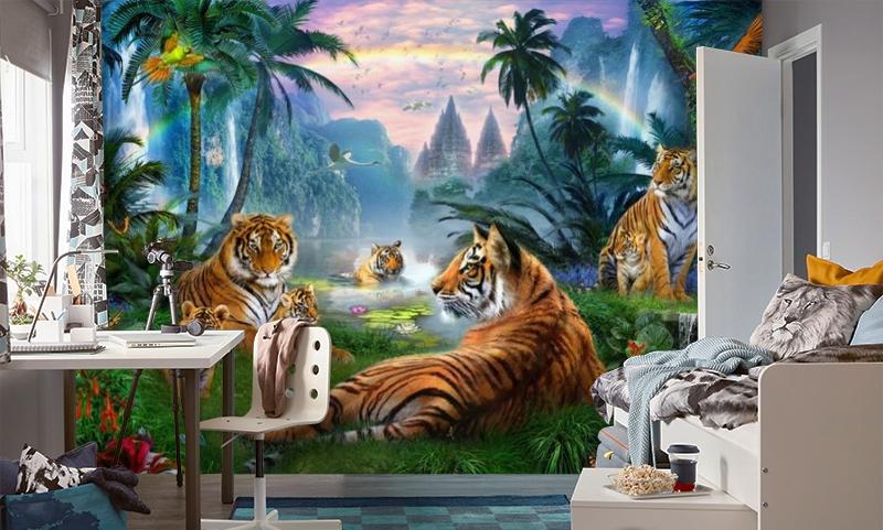 картинка 3D Фотообои «Тигры у водопадов» | интернет-магазин фотообоев ARTDECO