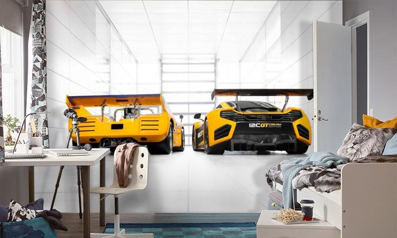 картинка 3D Фотообои «Светлый гараж с двумя желтыми спорткарами» | интернет-магазин фотообоев ARTDECO