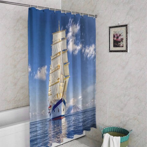 картинка 3D штора в ванную комнату «Корабль в море» | интернет-магазин фотообоев ARTDECO