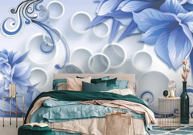 картинка 3D Фотообои «Синие цветы на фоне с кругами» | интернет-магазин фотообоев ARTDECO