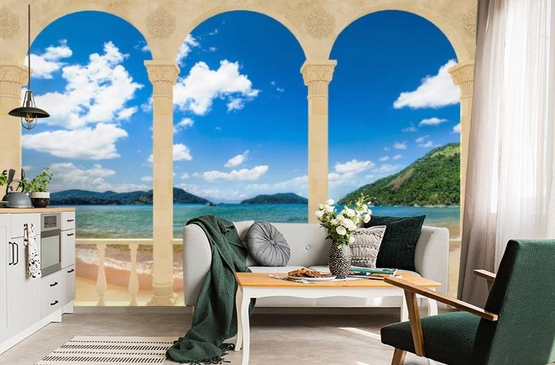 картинка 3D Фотообои «Терраса с арками на берегу моря» | интернет-магазин фотообоев ARTDECO