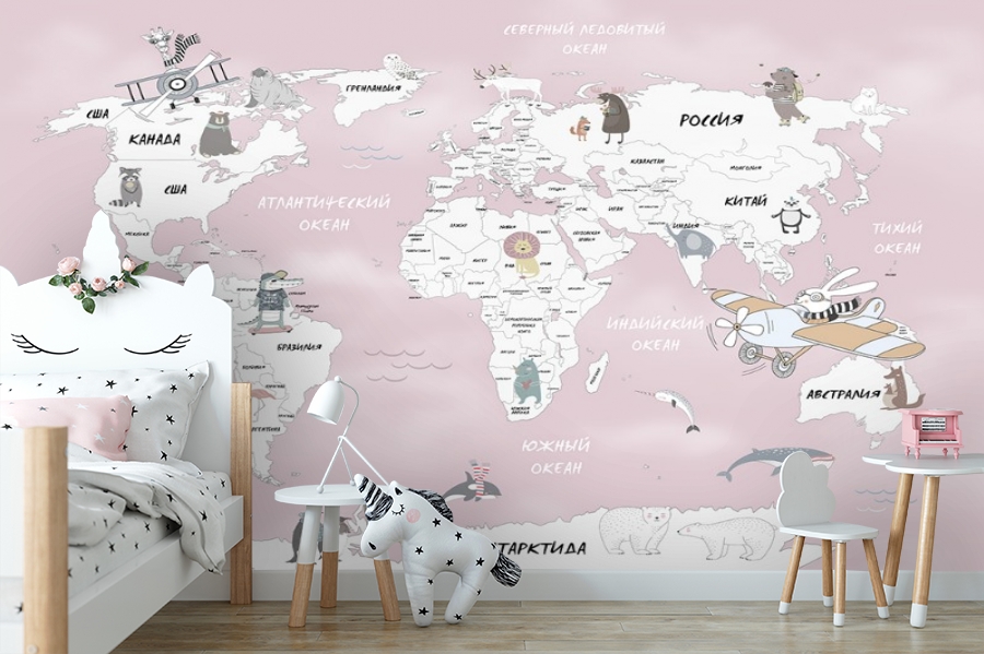 картинка Фотообои «Весёлая карта мира в розовых тонах» | интернет-магазин фотообоев ARTDECO