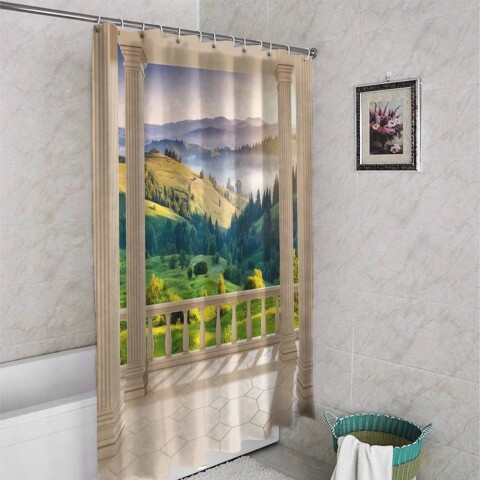 картинка 3D шторка для ванны «Балкон с видом на альпийское утро» | интернет-магазин фотообоев ARTDECO