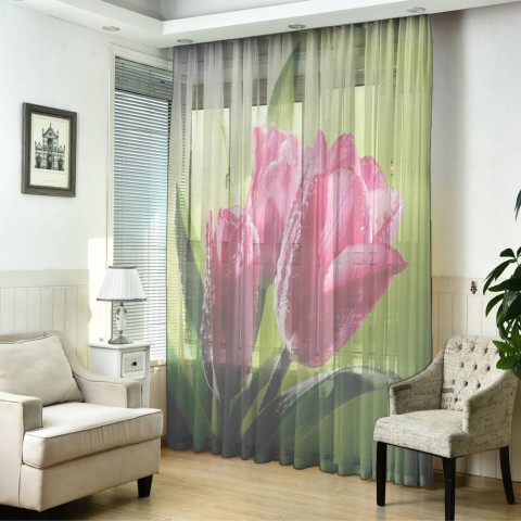 картинка Оконный 3D тюль "Тюльпаны на зеленом фоне" | интернет-магазин фотообоев ARTDECO