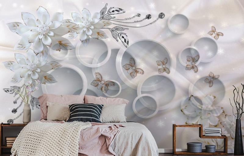 картинка 3D Фотообои «Объемные круги с драгоценными цветами и бабочками» | интернет-магазин фотообоев ARTDECO
