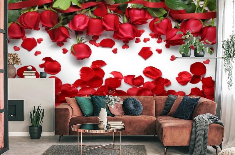 картинка 3D Фотообои «Алые розы с лепестками» | интернет-магазин фотообоев ARTDECO