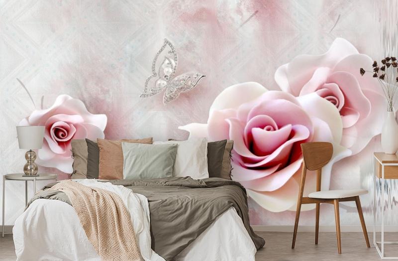 картинка 3D Фотообои «Розы с ювелирной бабочкой» | интернет-магазин фотообоев ARTDECO