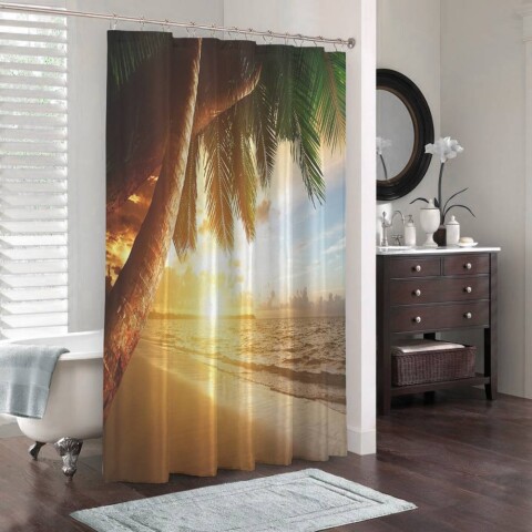 картинка 3D фотоштора для ванной «Закат под пальмами» | интернет-магазин фотообоев ARTDECO