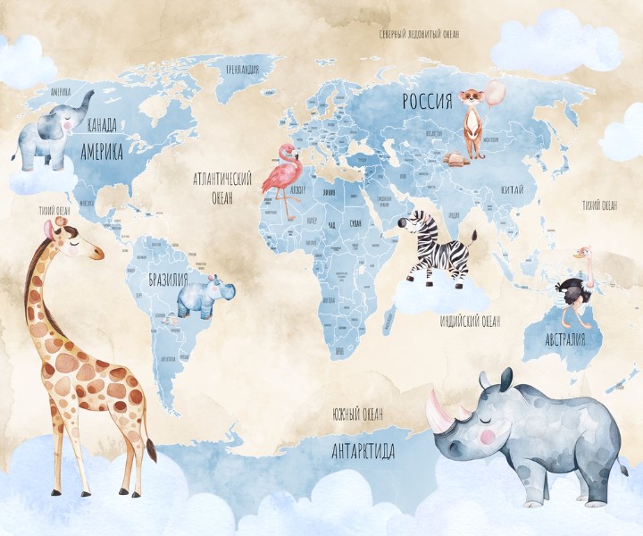 картинка Фотообои «Голубая карта с животными на бежевом» | интернет-магазин фотообоев ARTDECO