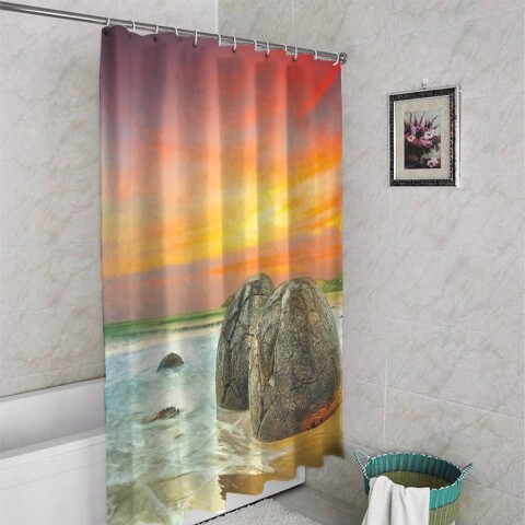 картинка 3D штора в ванную комнату «Камни на закате» | интернет-магазин фотообоев ARTDECO