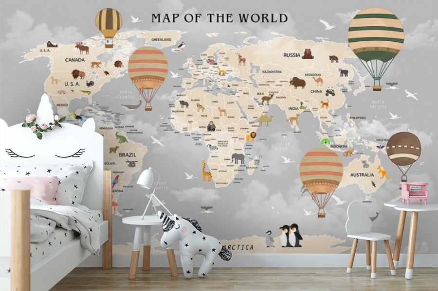 картинка 3D Фотообои «Карта мира для детской в пастельных тонах» | интернет-магазин фотообоев ARTDECO