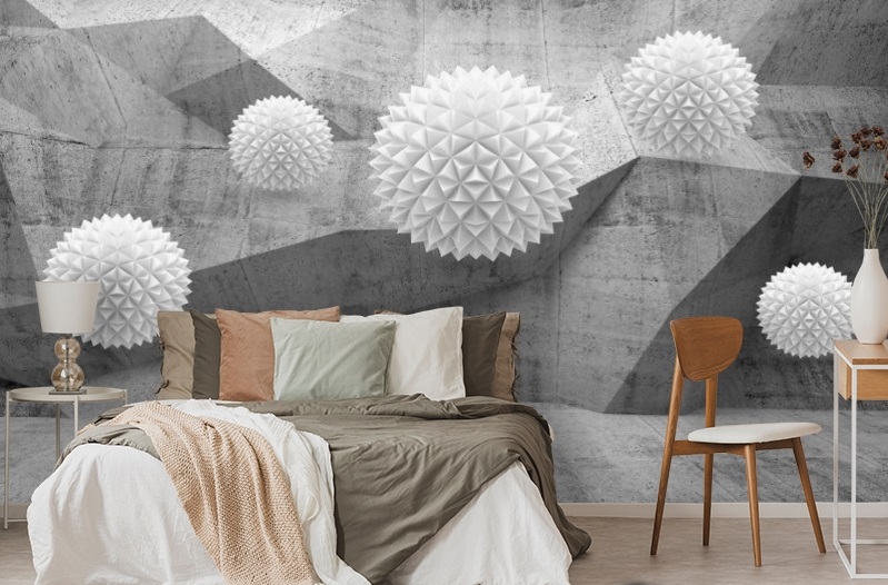картинка 3D Фотообои «Объемная бетонная стена с шарами» | интернет-магазин фотообоев ARTDECO
