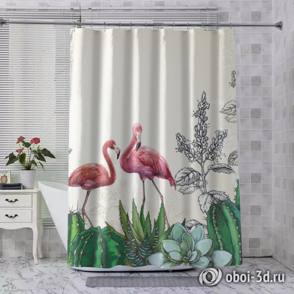 картинка Шторы для ванной «Фламинго в кактусах» | интернет-магазин фотообоев ARTDECO