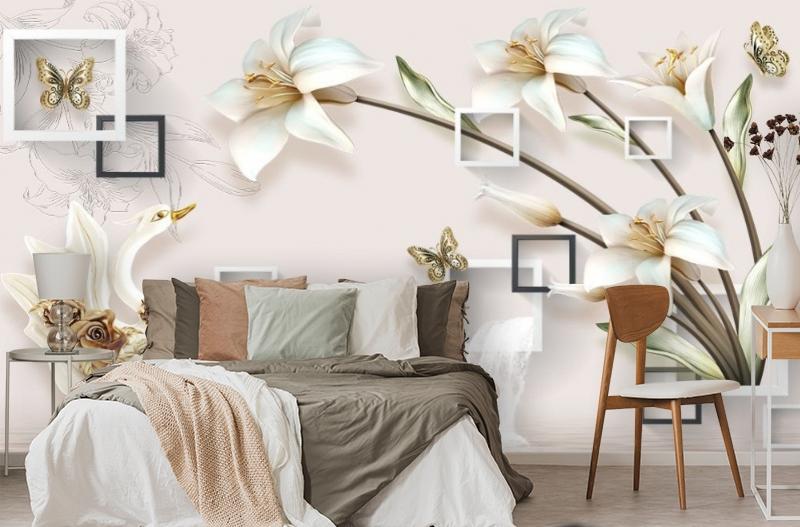 картинка 3D Фотообои «Лилии с лебедями на объемном фоне» | интернет-магазин фотообоев ARTDECO
