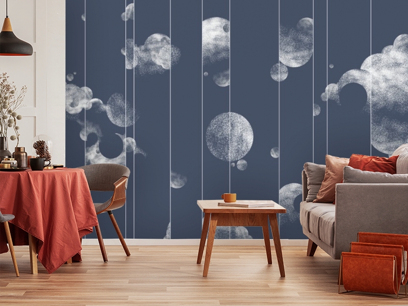 картинка 3D Фотообои «Абстрактные серебряные планеты с облакам на синем» | интернет-магазин фотообоев ARTDECO