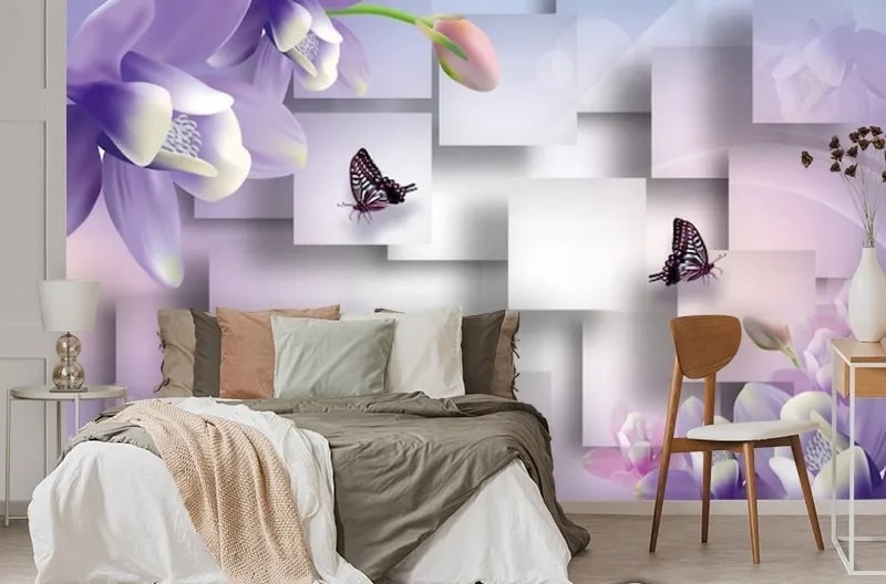 картинка 3D Фотообои  «Сиреневые цветы с бабочками» | интернет-магазин фотообоев ARTDECO