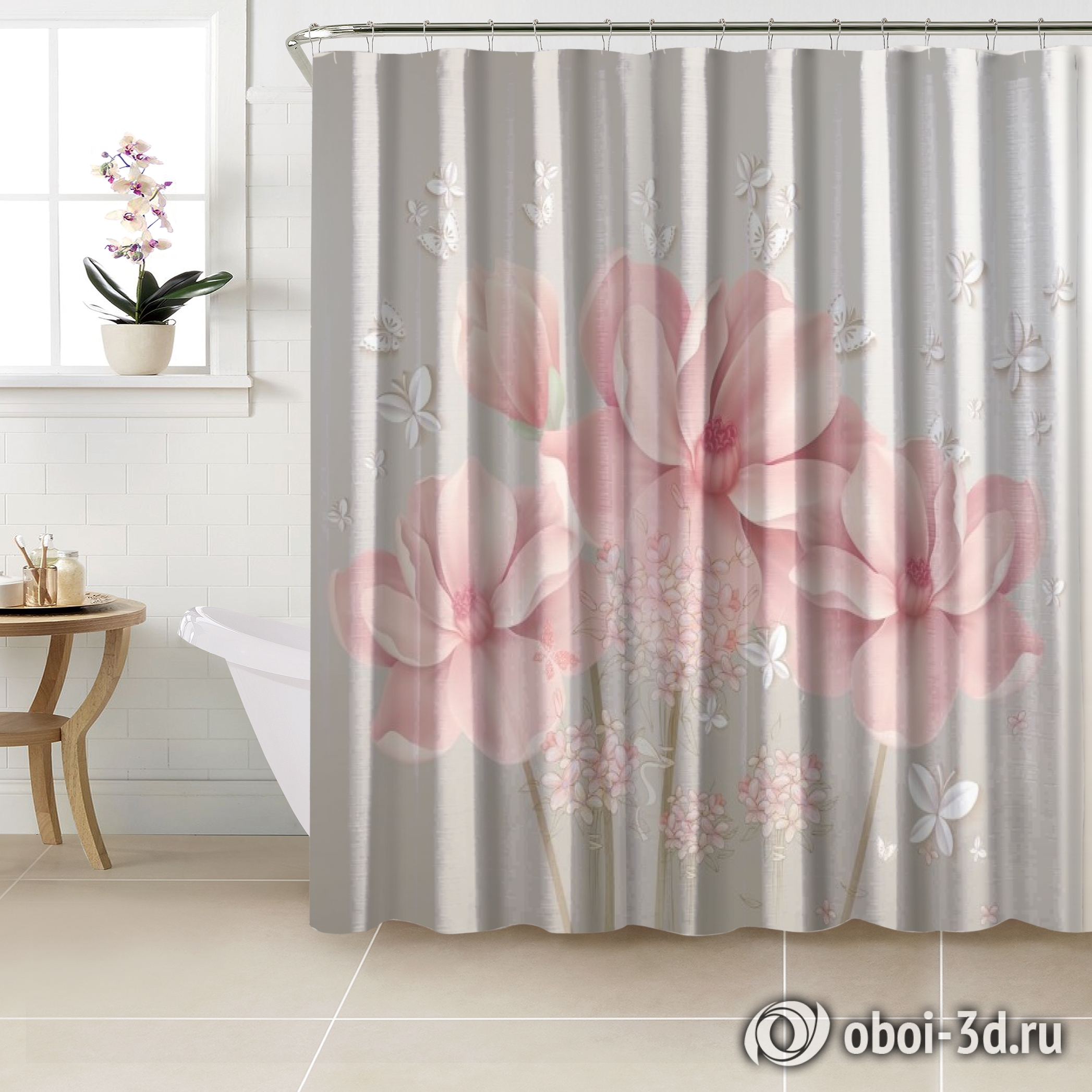 картинка Шторы для ванной «Нежные цветы с объемными бабочками» | интернет-магазин фотообоев ARTDECO