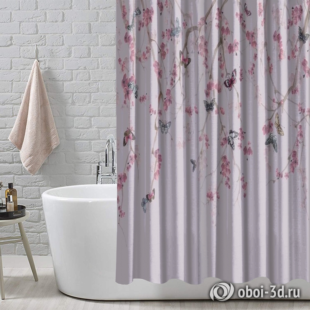 картинка Шторы для ванной «Бабочки в цветущих ветках» | интернет-магазин фотообоев ARTDECO