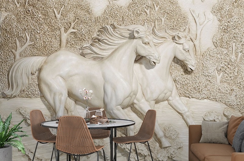 картинка 3D Фотообои «Лошади на рельефном фоне» | интернет-магазин фотообоев ARTDECO