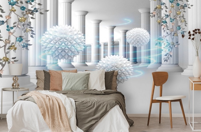 картинка 3D Фотообои «Колючие шары в колонном зале» | интернет-магазин фотообоев ARTDECO