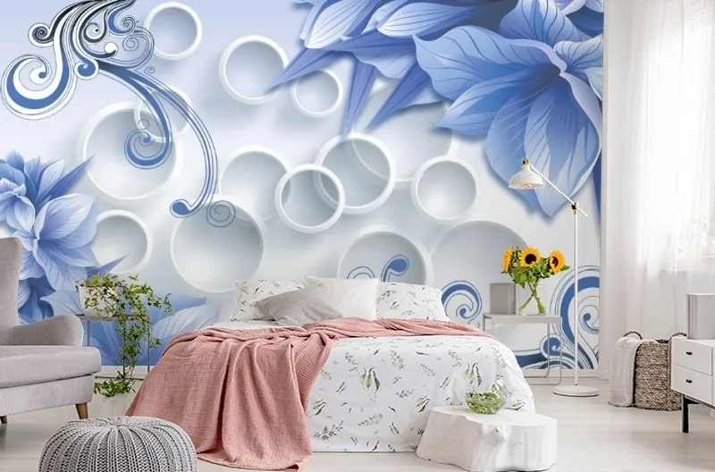 картинка 3D Фотообои «Синие цветы на фоне с кругами» | интернет-магазин фотообоев ARTDECO