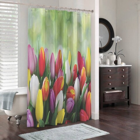картинка 3D шторка для ванной «Разноцветные тюльпаны» | интернет-магазин фотообоев ARTDECO