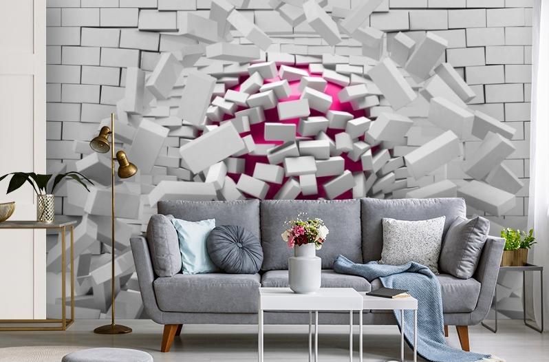 картинка 3D Фотообои «Шар разламывающий кирпичную стену» | интернет-магазин фотообоев ARTDECO