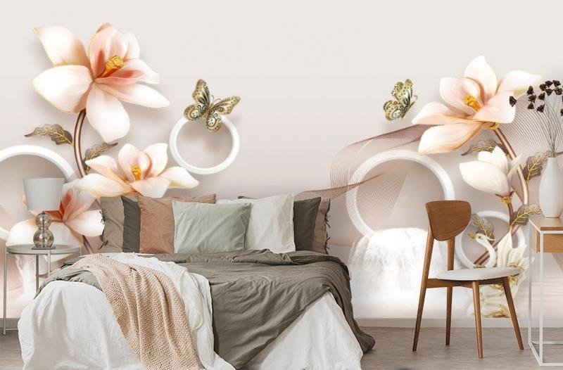 картинка 3D Фотообои «Объемные орхидеи с бабочками и лебедями» | интернет-магазин фотообоев ARTDECO